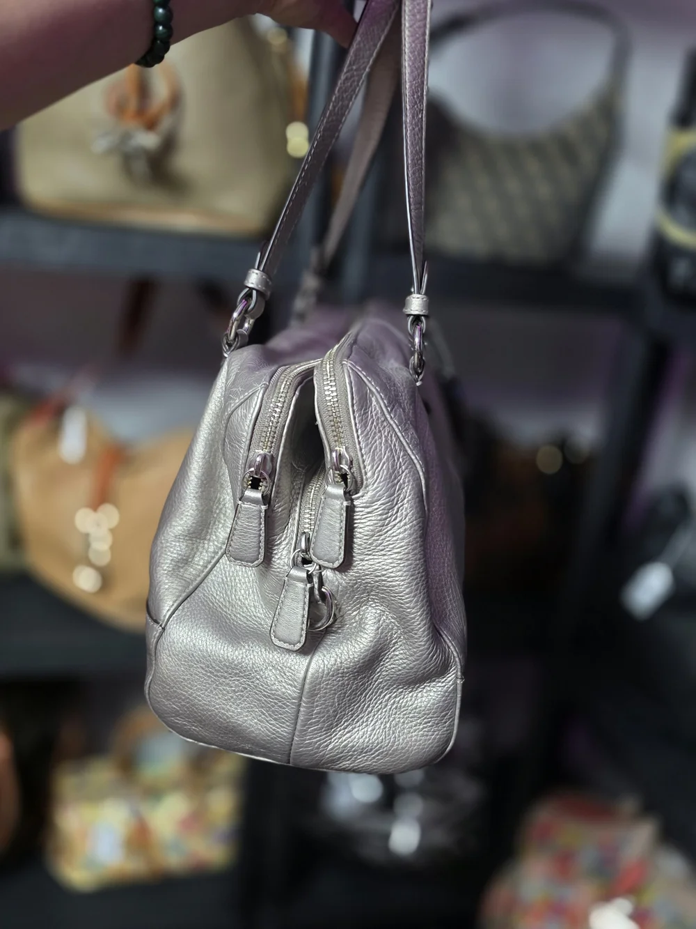 Coach Metallic Silver Leather Satchel with Blue Hang Tag